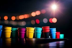 kleurrijk plastic cups bekleed omhoog Aan een tafel. ai-gegenereerd foto