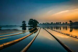 een lang lijn van houten polen in de water Bij zonsondergang. ai-gegenereerd foto