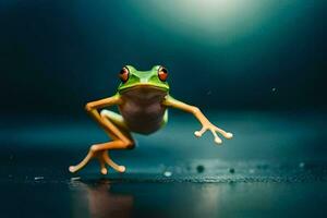 een kikker jumping Aan de grond. ai-gegenereerd foto