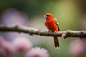 een klein oranje vogel zit Aan een Afdeling. ai-gegenereerd foto