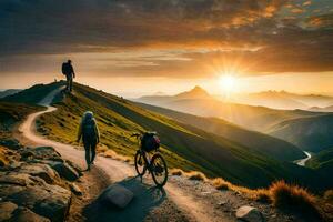 twee mensen met Fietsen Aan een berg spoor Bij zonsondergang. ai-gegenereerd foto