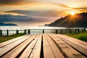 een houten bank met uitzicht de oceaan Bij zonsondergang. ai-gegenereerd foto