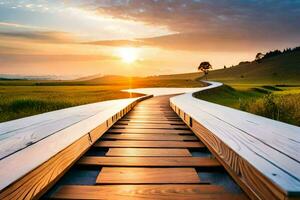 de zon stijgt over- een houten loopbrug in de midden- van een veld. ai-gegenereerd foto