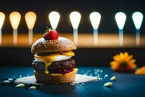 een Hamburger met een aardbei Aan top. ai-gegenereerd foto