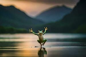 een kikker jumping in de water Bij zonsondergang. ai-gegenereerd foto