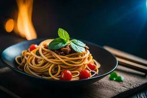 spaghetti met vlees en tomaten in een zwart schaal. ai-gegenereerd foto