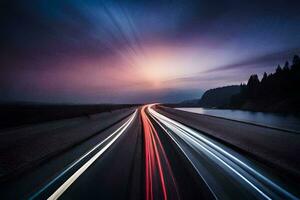een lang blootstelling fotograaf van een snelweg Bij zonsondergang. ai-gegenereerd foto