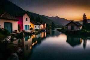 een rivier- loopt door een dorp Bij zonsondergang. ai-gegenereerd foto