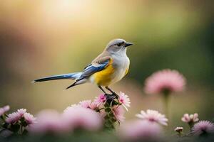 een vogel zittend Aan top van roze bloemen. ai-gegenereerd foto