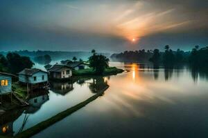 een mooi zonsopkomst over- een rivier- met huizen. ai-gegenereerd foto