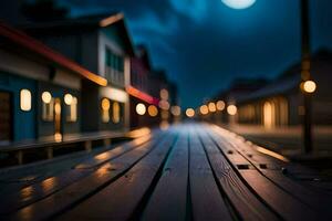 een lang houten promenade Bij nacht met lichten Aan. ai-gegenereerd foto