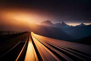 een trein bijhouden in de bergen met een zonsondergang. ai-gegenereerd foto