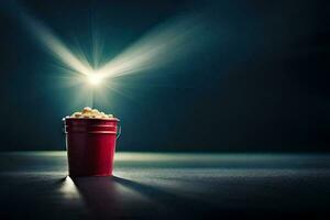 een emmer van popcorn Aan een donker tafel met een schijnwerper. ai-gegenereerd foto