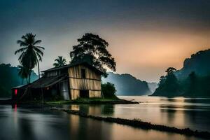 een klein houten huis zit Aan de kust van een rivier. ai-gegenereerd foto