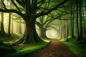 een pad door een Woud met bomen en groen gras. ai-gegenereerd foto