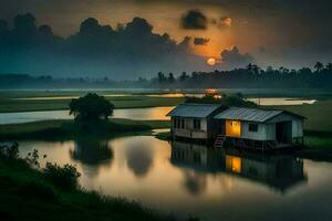 een klein huis zit Aan de rand van een meer Bij zonsondergang. ai-gegenereerd foto