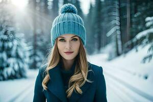 een mooi vrouw in een blauw hoed en jas staand in de sneeuw. ai-gegenereerd foto