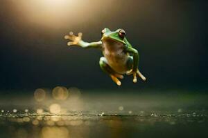 een kikker jumping in de lucht met haar poten verspreiding. ai-gegenereerd foto