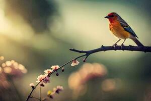 een vogel zit Aan een Afdeling met bloemen in de achtergrond. ai-gegenereerd foto