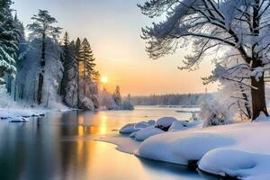 een besneeuwd rivier- in de winter. ai-gegenereerd foto