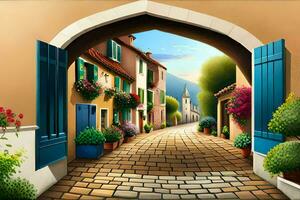 een illustratie van een straat met een poort en bloemen. ai-gegenereerd foto