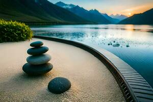 een zen tuin met stenen en water Bij zonsondergang. ai-gegenereerd foto