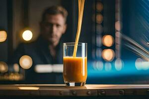 een Mens is gieten oranje sap in een glas. ai-gegenereerd foto