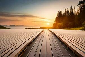 een houten promenade leidend naar de zonsondergang. ai-gegenereerd foto