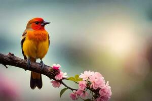 een kleurrijk vogel zit Aan een Afdeling met roze bloemen. ai-gegenereerd foto