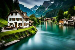 een huis zit Aan de rand van een rivier- in de bergen. ai-gegenereerd foto