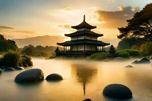 een pagode zit in de water Bij zonsondergang. ai-gegenereerd foto