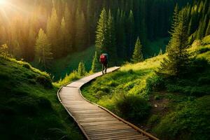 een persoon wandelen Aan een houten pad in de bergen. ai-gegenereerd foto