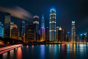 de stad horizon Bij nacht met lichten Aan. ai-gegenereerd foto