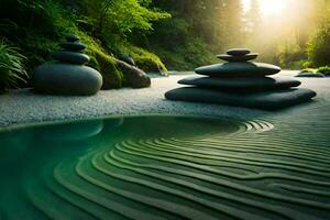 een zen tuin met stenen en water. ai-gegenereerd foto