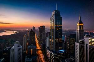 de stad horizon Bij zonsondergang in nieuw york. ai-gegenereerd foto