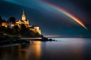 regenboog over- een kerk Aan de kust. ai-gegenereerd foto