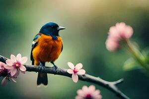 een vogel zit Aan een Afdeling met roze bloemen. ai-gegenereerd foto