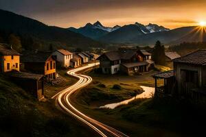 een dorp Bij zonsondergang met een weg kronkelend door het. ai-gegenereerd foto