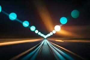 een trein bijhouden met lichten en een wazig afbeelding. ai-gegenereerd foto