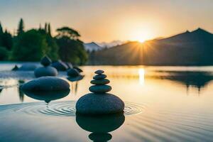 een stack van stenen in de water Bij zonsondergang. ai-gegenereerd foto