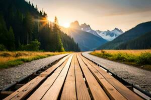 een houten weg leidend naar een berg met de zon schijnt. ai-gegenereerd foto