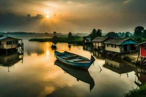 de zonsopkomst over- de rivier. ai-gegenereerd foto