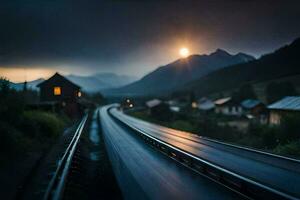 een trein sporen in de bergen Bij nacht. ai-gegenereerd foto