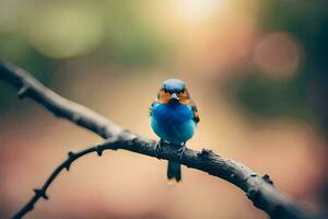 een blauw vogel zittend Aan een Afdeling. ai-gegenereerd foto