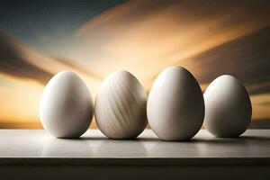 vier wit eieren zijn bekleed omhoog tegen een muur. ai-gegenereerd foto