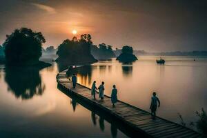 mensen wandelen Aan een houten pier Bij zonsopkomst. ai-gegenereerd foto