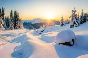 sneeuw gedekt bomen en de zon instelling over- de bergen. ai-gegenereerd foto