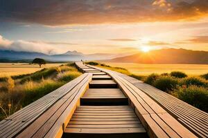 een houten loopbrug Leidt naar de zonsondergang in de midden- van een veld. ai-gegenereerd foto