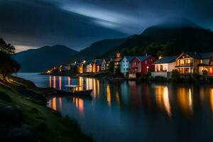 een boot is afgemeerd in de water Bij nacht. ai-gegenereerd foto