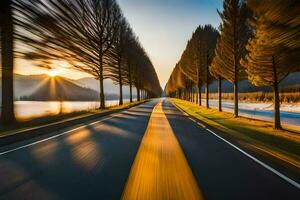 een lang blootstelling fotograaf van een weg met bomen in de achtergrond. ai-gegenereerd foto